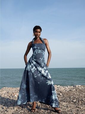 Free People Orire The Bubi Halter Hand-Tied Maxi Dress in Navy Tie-Dye